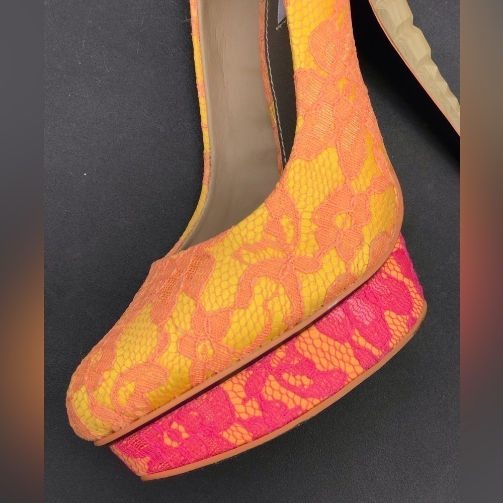 RACHEL ROY KEEDAN Orange Yellow Pink Lace Platform Pump Stilettos Heels Size 6 - Picture 8 of 16